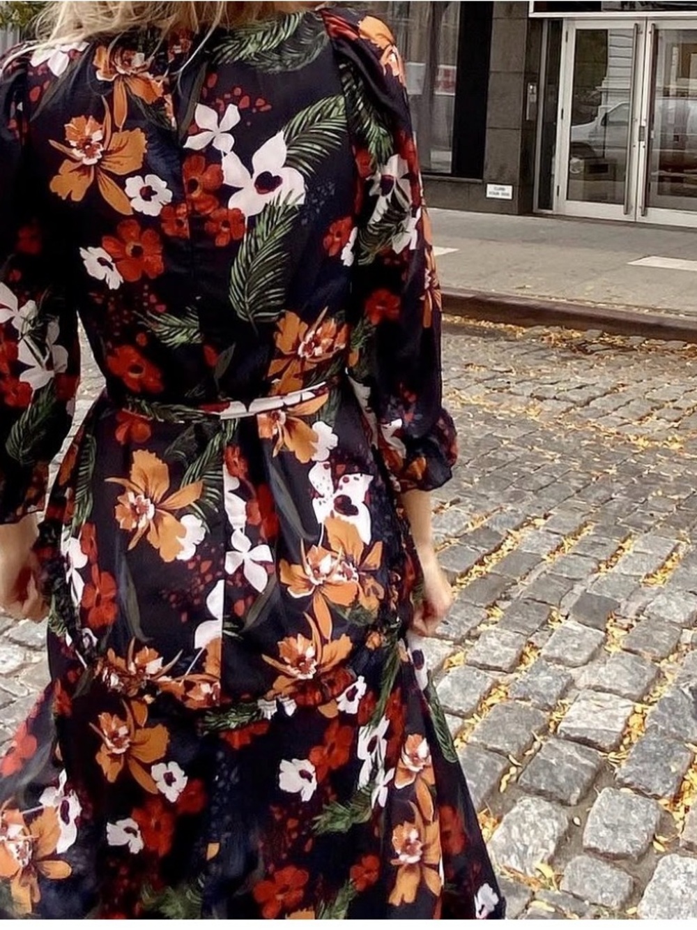 Floral Tie-Waist Maxi Dress in Black with Rust & White Blooms
